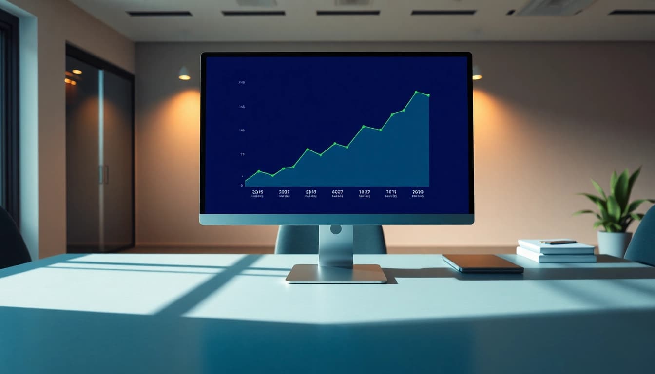 Visualisieren Sie den Anstieg des SEO-Rankings mit einem Grafikdiagramm auf einem Computerbildschirm in einer modernen Büroumgebung.