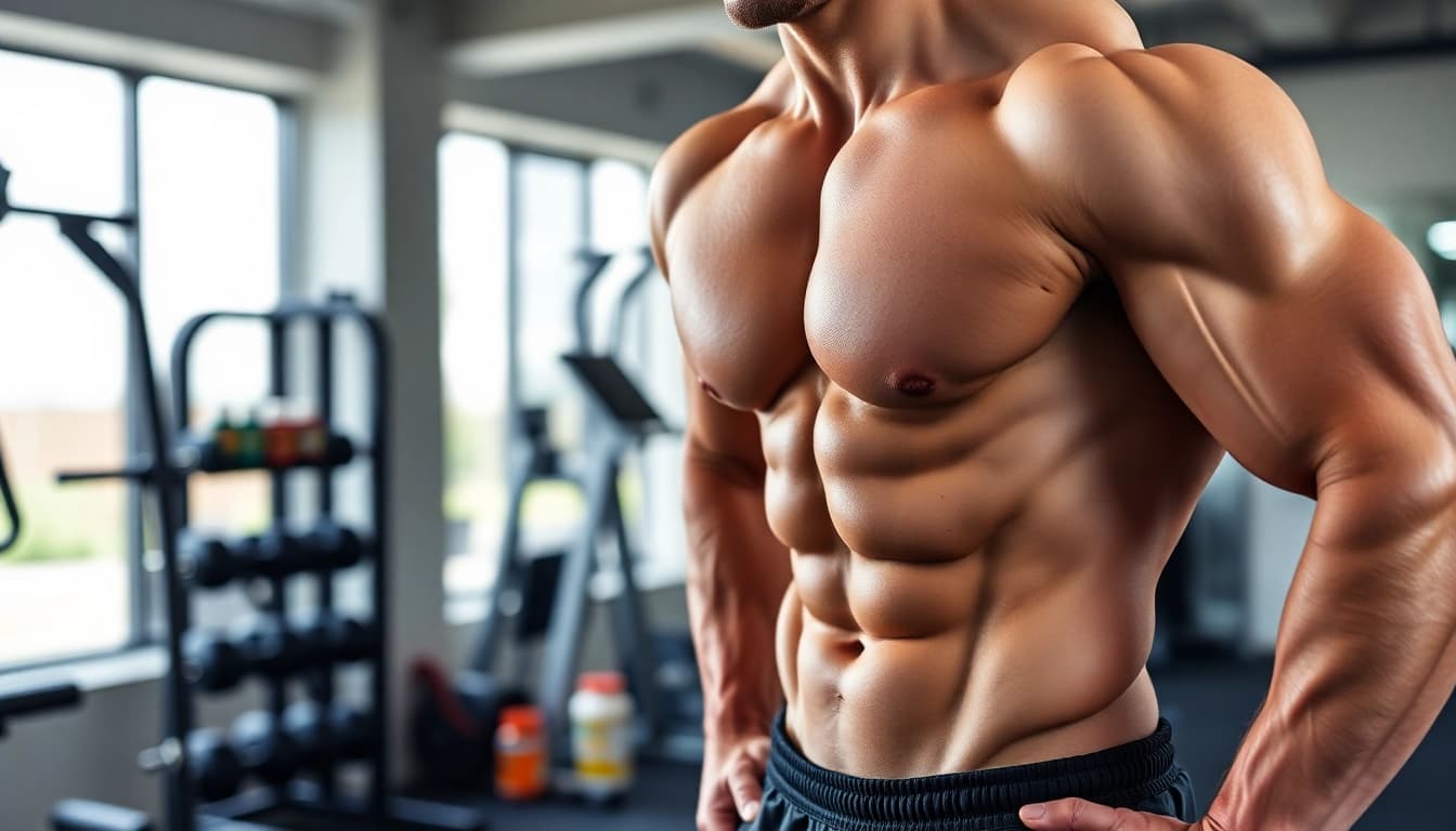Ein muskulöser Bodybuilder mit Unique Pharma Steroids im Fitnessstudio.