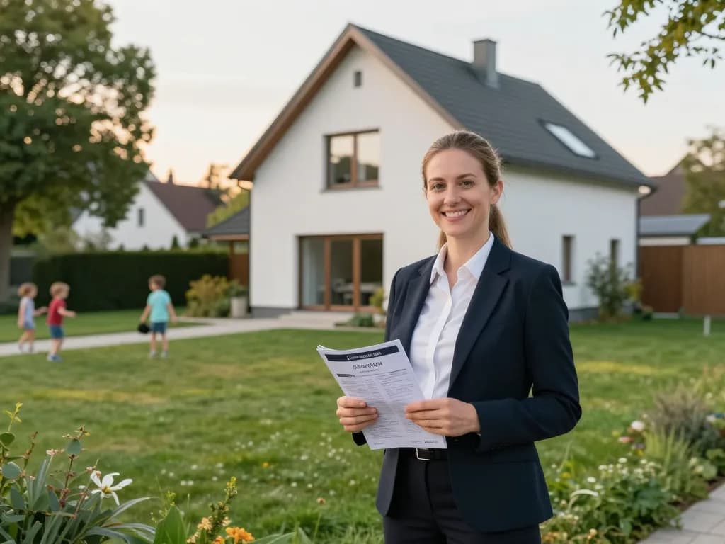 Fesselnde Szene von Immobilienmakler Frankfurt Ginnheim, der potenziellen Käufern eine Immobilie in einer familienfreundlichen Nachbarschaft mit viel Grün zeigt.
