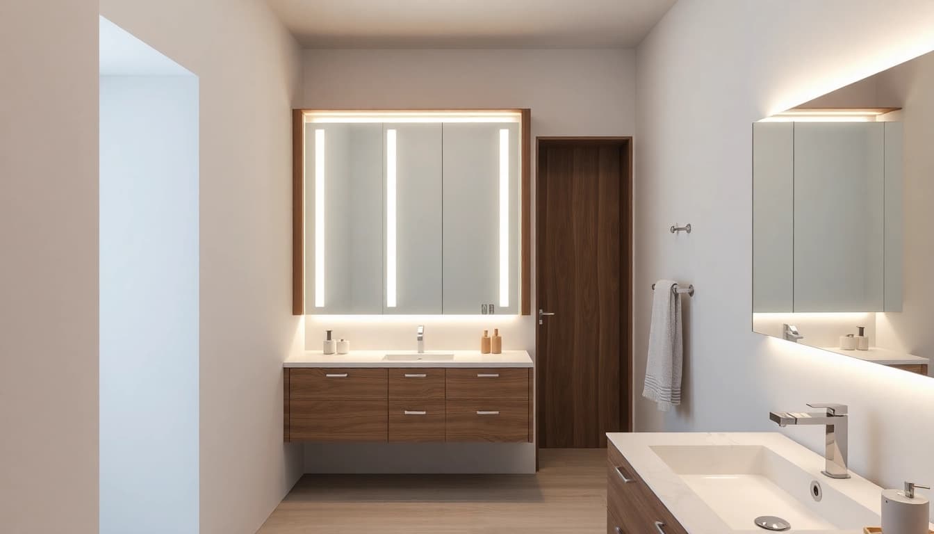 Stilvolles Badezimmer mit Spiegelschrank mit LED Beleuchtung, der modernes Design und Funktionalität vereint.