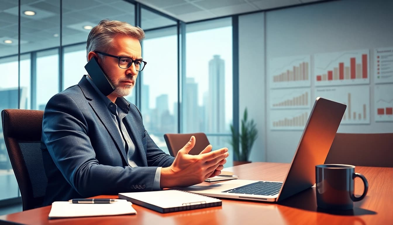 Engaging in Headhunter Sales, a consultant reviews data while on a call.