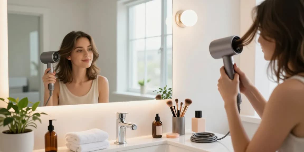 Stylish woman using a compact hair dryer while preparing for the day in a bright bathroom