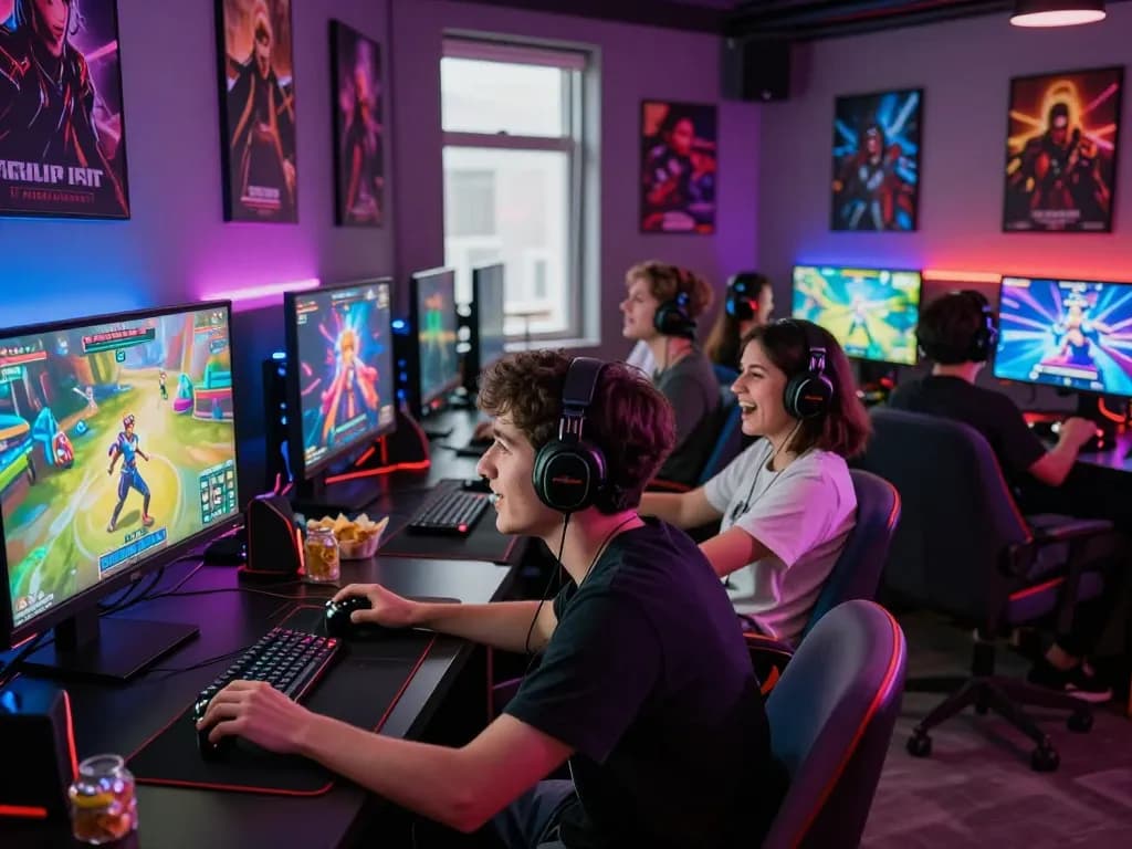 Exciting scene of players enjoying a sex game online in a vibrant gaming lounge.