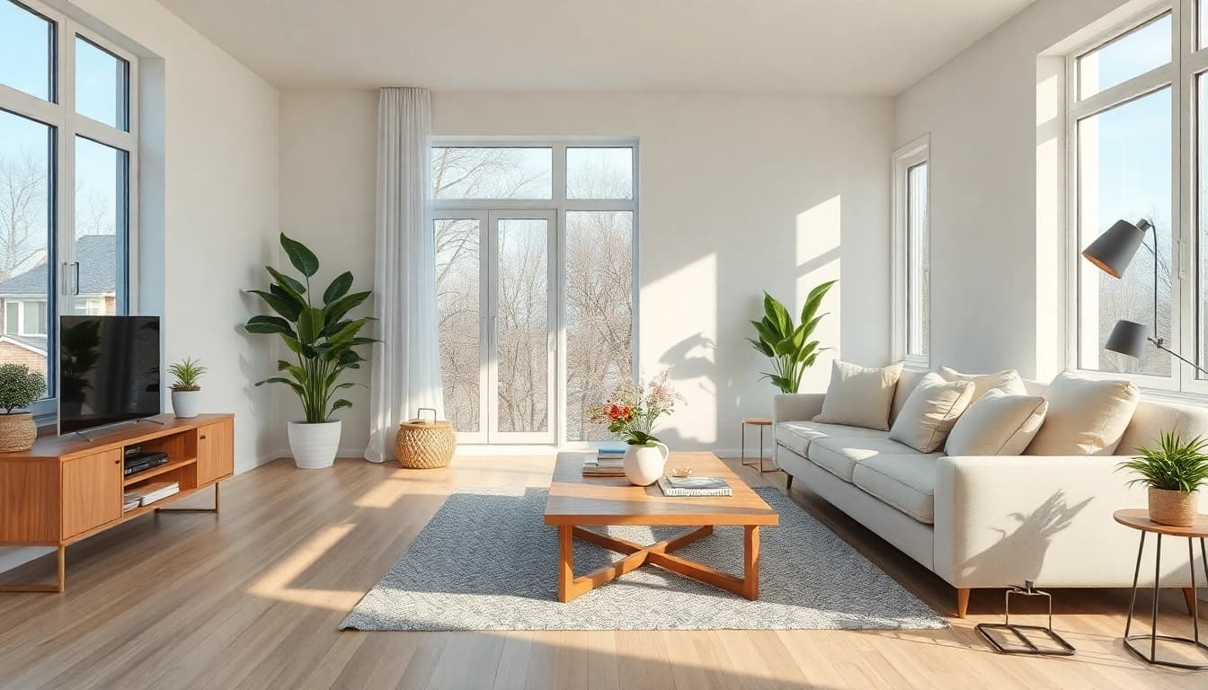 Raumgestaltung eines modernen Wohnzimmers mit eleganten Möbeln und Pflanzen.
