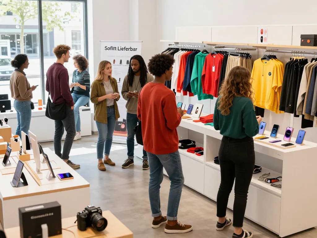 Sofort Lieferbar-Präsentation in stilvollem Showroom mit verschiedenen Käufern, die mit sofort verfügbaren Produkten interagieren.