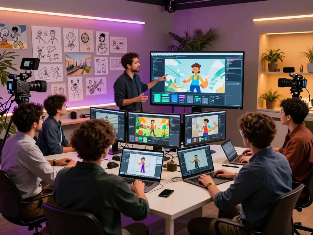 Collaborative team in a vibrant studio working on motion control ai video projects showcasing animation interfaces.