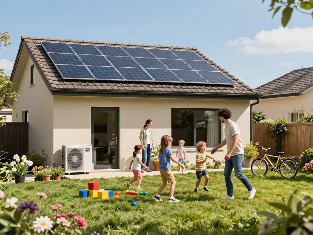 Familie genießt die Natur mit einer Photovoltaik Bayern Solaranlageninstallation auf ihrem Haus.