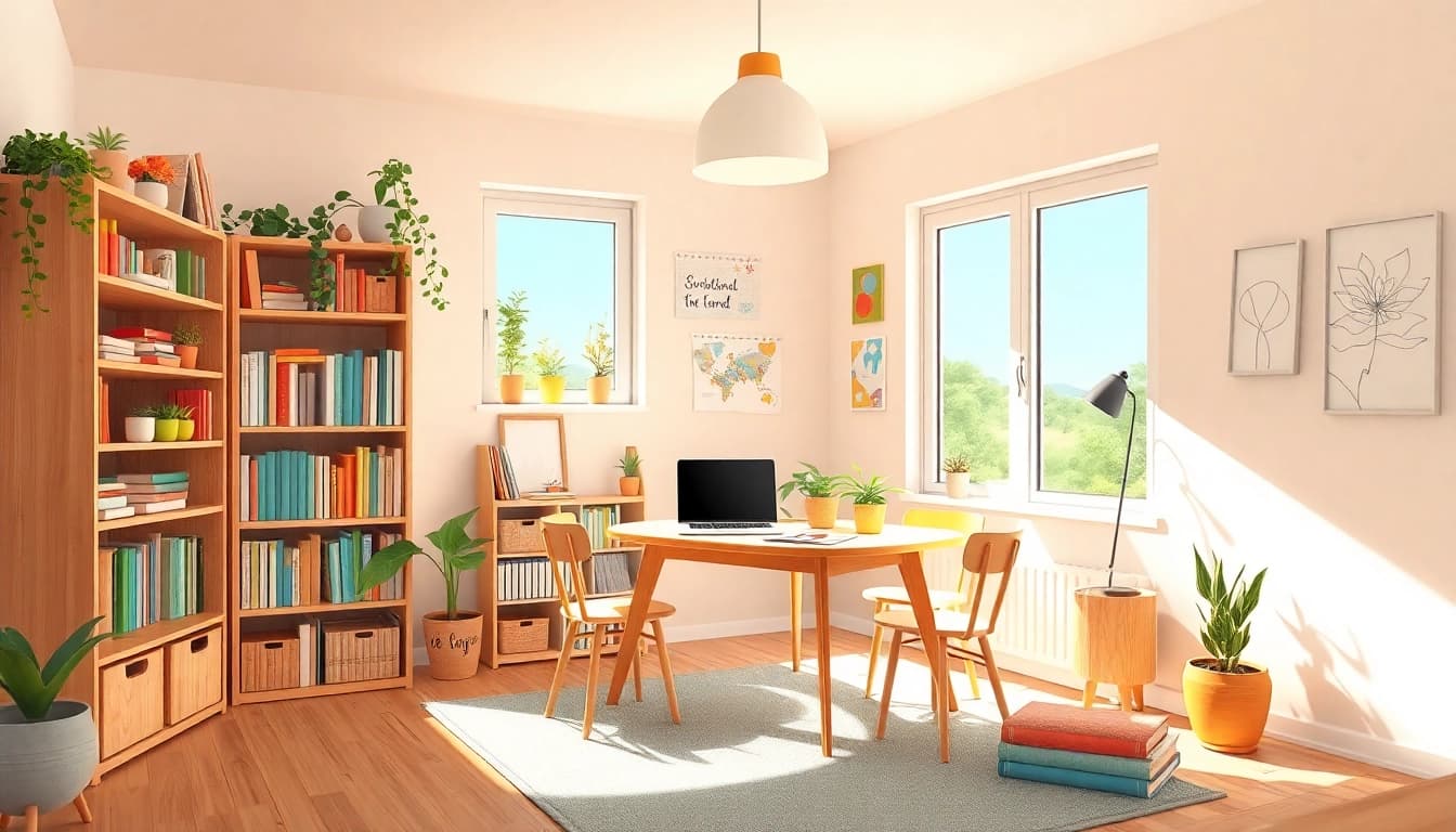 Lebendige Darstellung eines inspirierenden Lernraums für Heimunterricht, ausgestattet mit Lehrmaterialien und einem Schreibtisch.