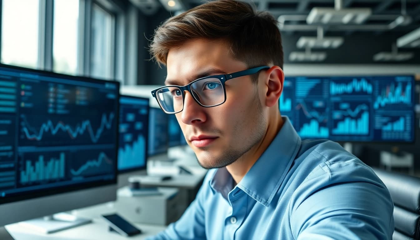 Evodrop Beobachter analysiert Daten in einem modernen Büro mit technischer Ausstattung.