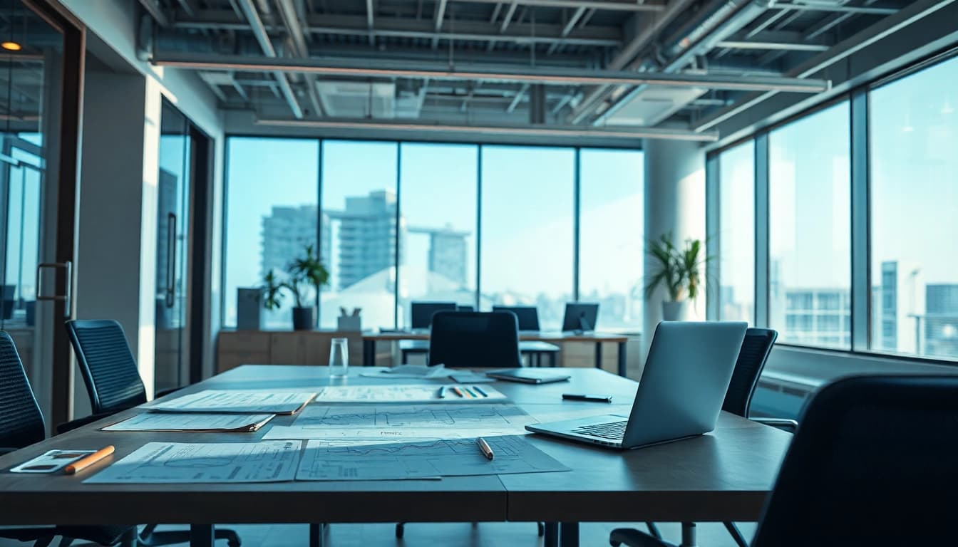 Professioneller Headhunter Ingenieure arbeitet fokussiert in einem modernen Büro mit technischen Unterlagen.