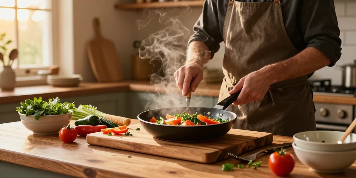 Frisch zubereitete Mahlzeit in einer PTFE freien Pfanne in einer warmen Küche.