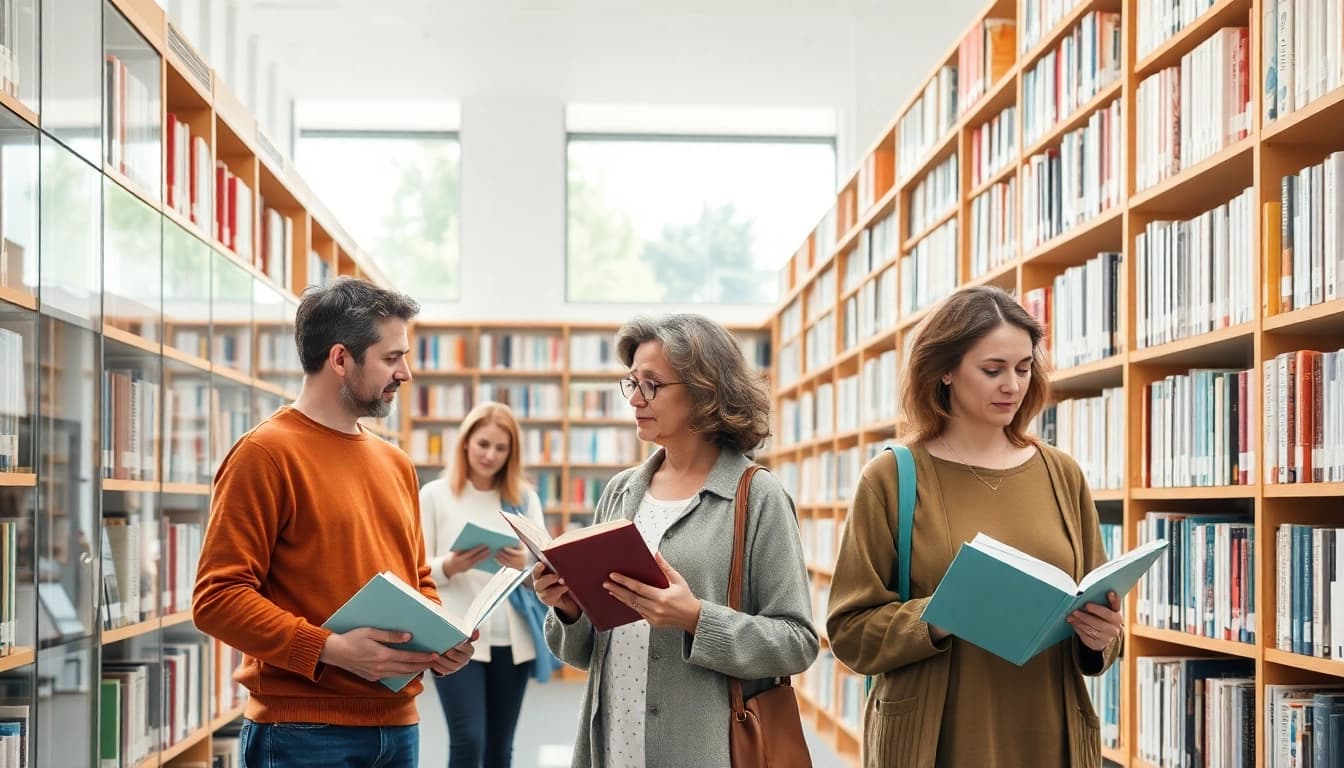 Personen lernen in einer modernen Bibliothek über Gesundheitsinformationen.