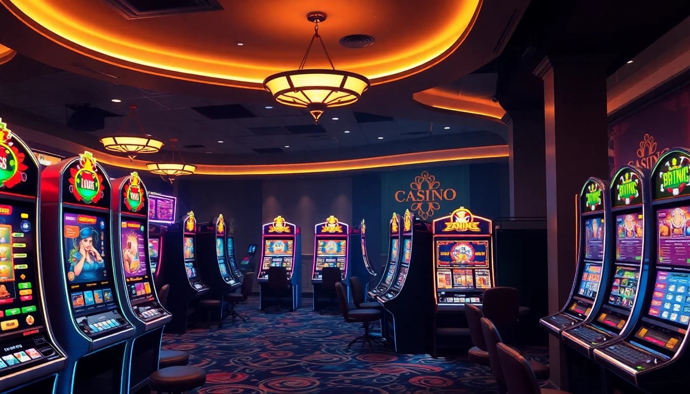 Casino Bonus ohne Einzahlung Deutschland: Spieler genießt Freispiele an bunten Spielautomaten in einem modernen Online-Casino.