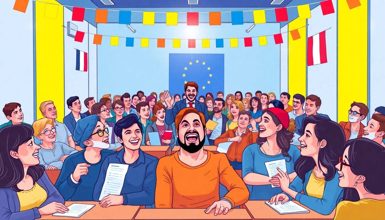 Teilnehmer des Europa Quiz mit enthusiastischem Quizmaster in festlicher Atmosphäre.