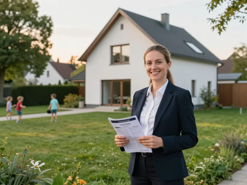 Fesselnde Szene von Immobilienmakler Frankfurt Ginnheim, der potenziellen Käufern eine Immobilie in einer familienfreundlichen Nachbarschaft mit viel Grün zeigt.