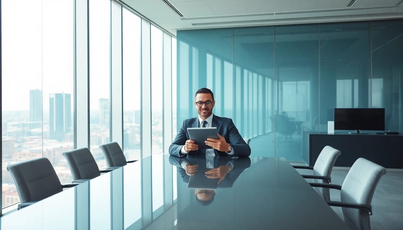 Headhunter führt ein Gespräch in einem modernen Büro mit einem Tablet in der Hand.