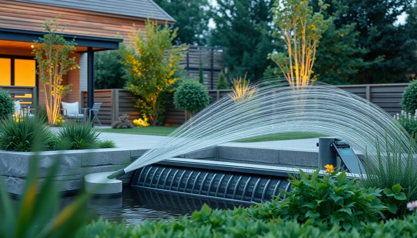 Visualisierung von Hochwasserschutz Private in einem Gartenbereich, mit einem effektiven Hochwassersperre zur Schadensvermeidung.