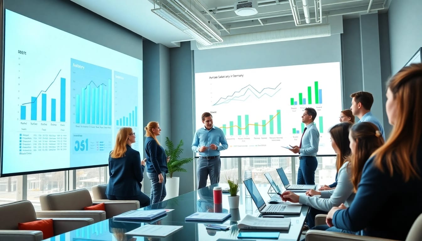 The visual representation of the average salary in Germany showcased by diverse professionals analyzing salary statistics in a modern office.
