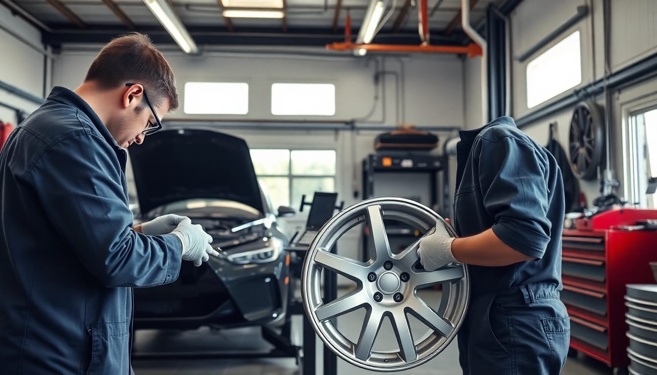Alufelge Kratzer Reparatur München in modern Werkstatt, wo Experten Felgen professionell reparieren.