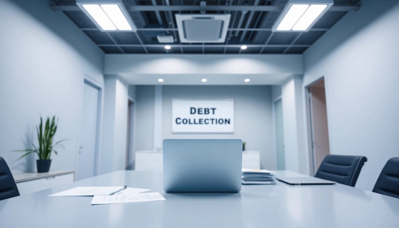 View of an Inkassobüro office featuring organized workspaces and professional debt collection materials.
