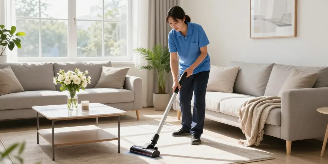 Professional cleaner ensuring a spotless home with a reinigung offerte focusing on carpet care and bright interiors.