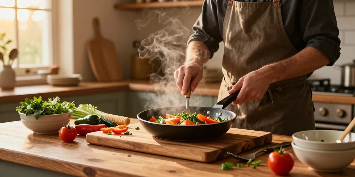 Frisch zubereitete Mahlzeit in einer PTFE freien Pfanne in einer warmen Küche.