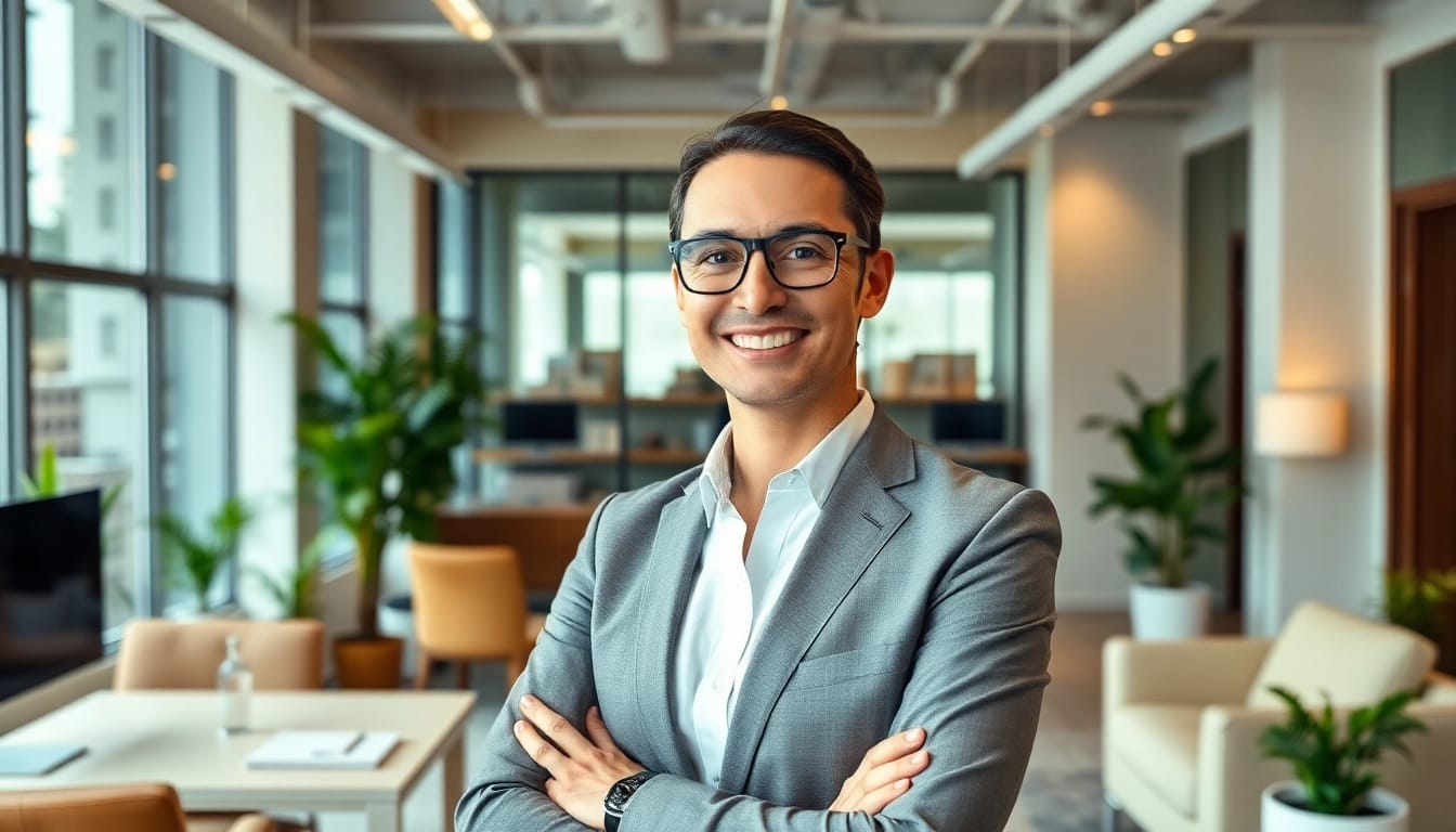 Immobilienmakler Frankfurt Dornbusch präsentiert hochwertige Immobilien in einem modernen Büro.