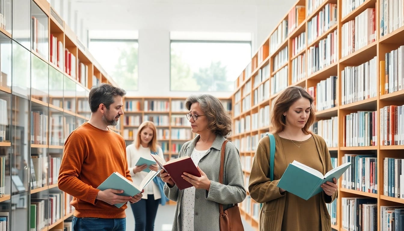 Personen lernen in einer modernen Bibliothek über Gesundheitsinformationen.