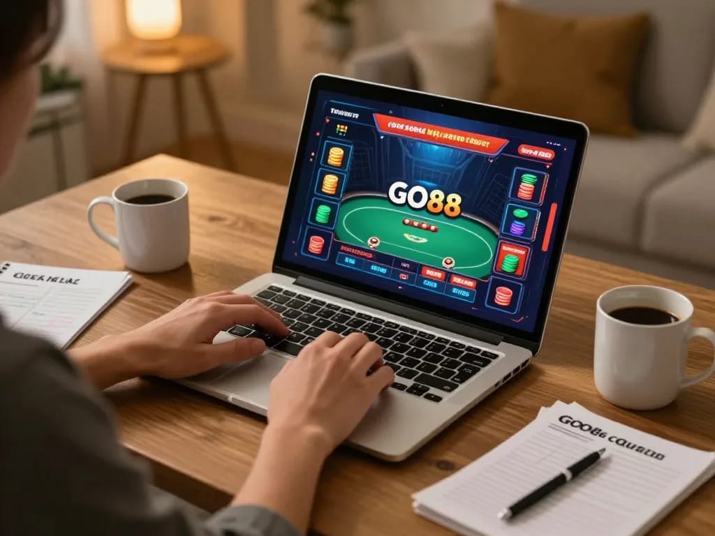 Player engaging in GO88 gaming on laptop with vibrant poker interface and cozy ambiance