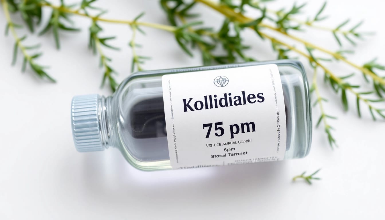 Kolloidales Silber 75 ppm in a glass bottle illuminated to showcase its purity and texture, surrounded by green herbs.