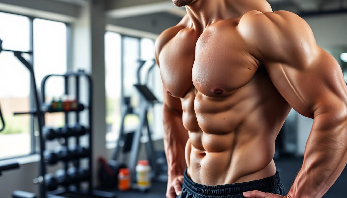 Ein muskulöser Bodybuilder mit Unique Pharma Steroids im Fitnessstudio.