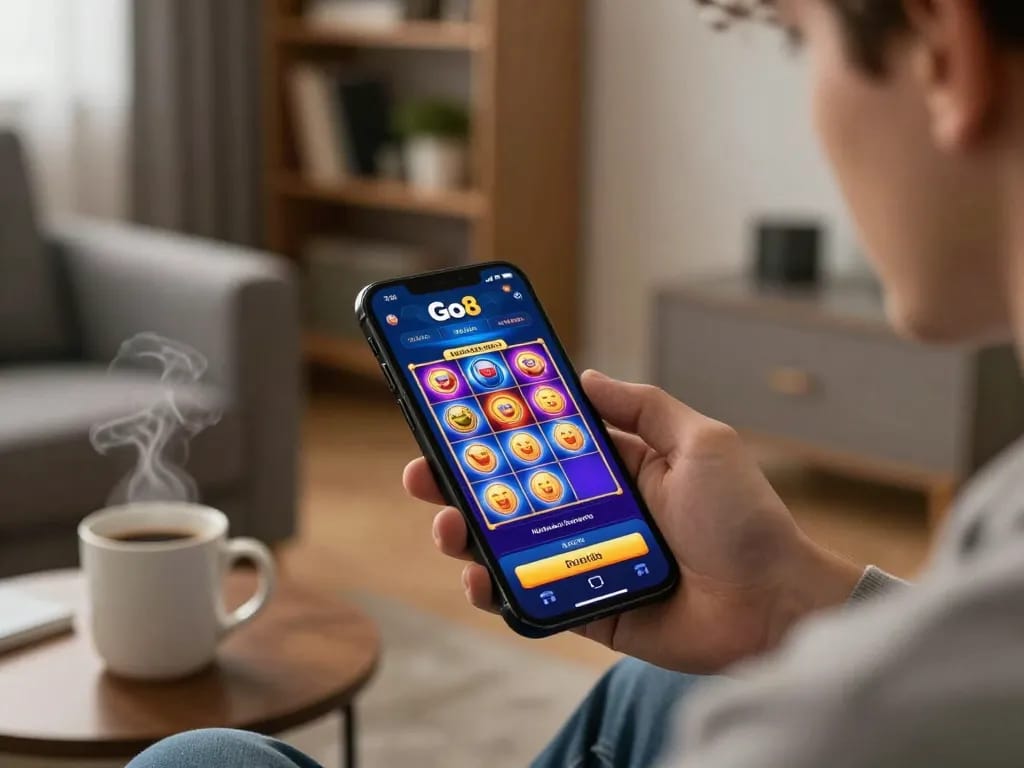 Engaged player enjoying Go8 mobile app while playing slots in a cozy living room.