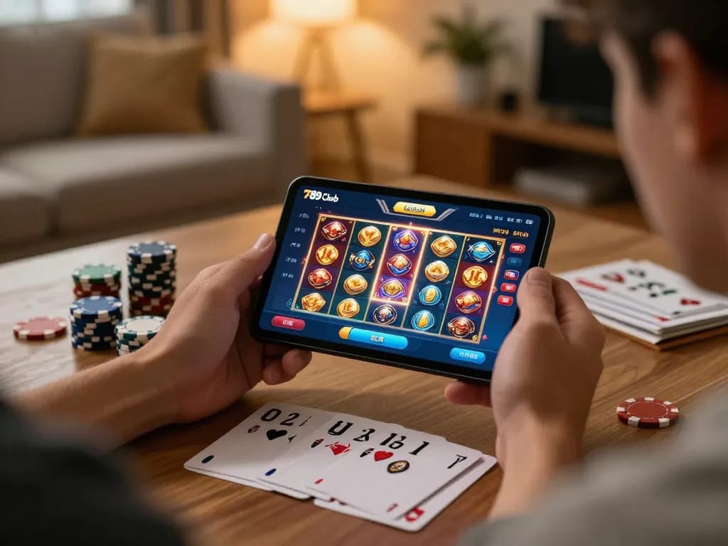 Playing exciting games on the 789 club app in a cozy home setting with vibrant gaming visuals.