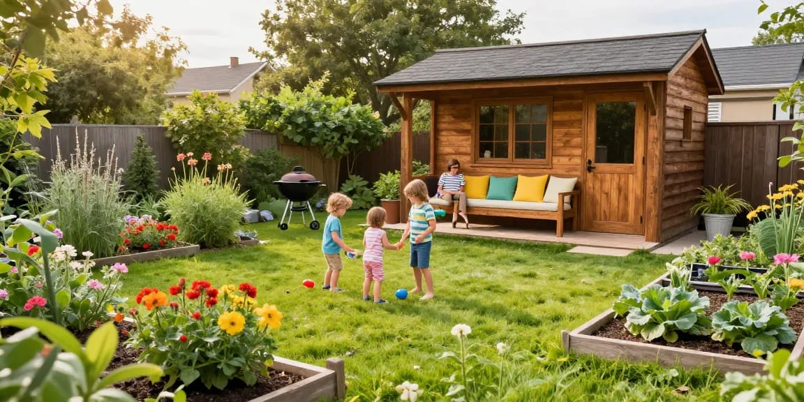 Vibrantes Gartenhaus in einem blühenden Garten mit Familie, das Gartenhäuser ins beste Licht rückt.