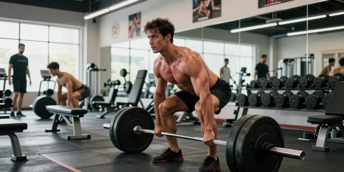 Strong bodybuilder lifting weights in a modern gym showcasing the Anabolika Shop's focus on muscle growth products.