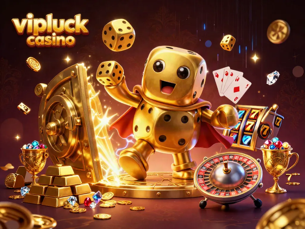 Experience the thrill of vipluck casino with a dynamic 3D illustration featuring golden dice golems and lavish treasures.