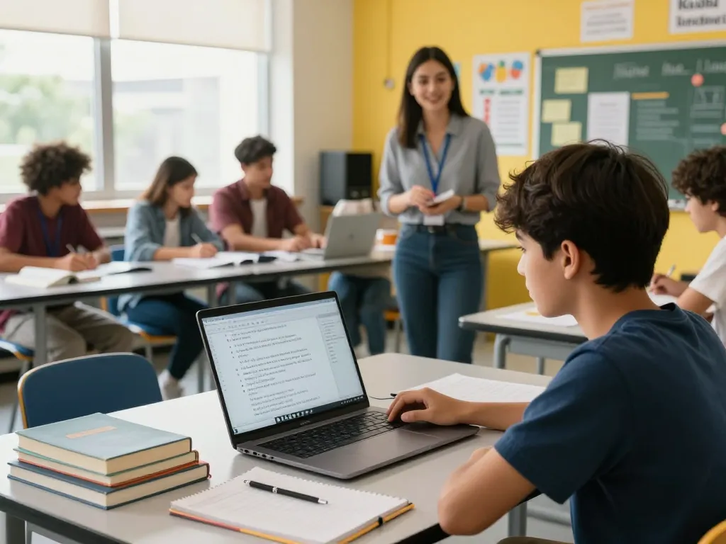 Hausaufgaben Löser online unterstützt Schüler in einem lebendigen Klassenzimmer und zeigt gemeinschaftliches Lernen.