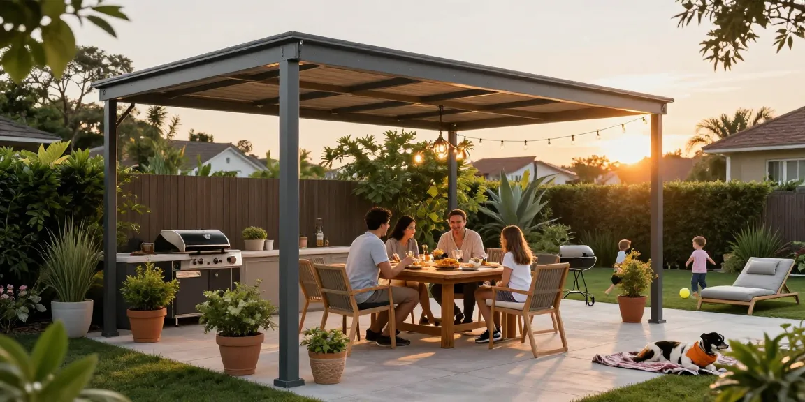 Familie genießt ein Abendessen unter einer modernen Terrassenüberdachung im Garten