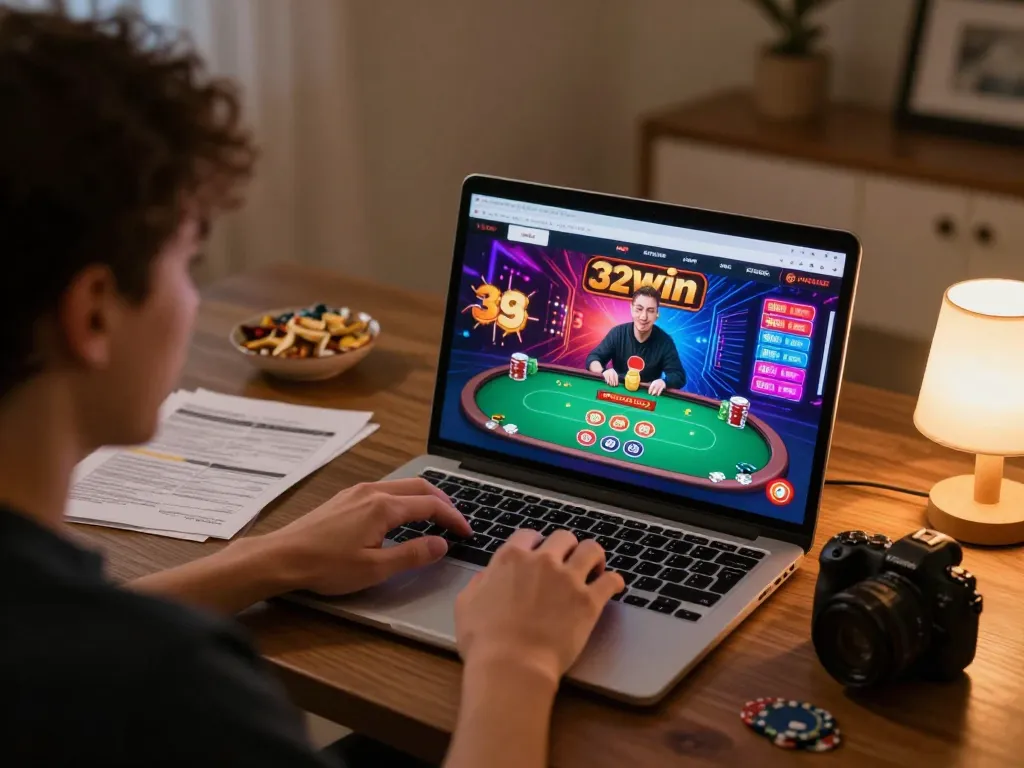 Player engaging with the 32win online casino, betting on a poker game from home.