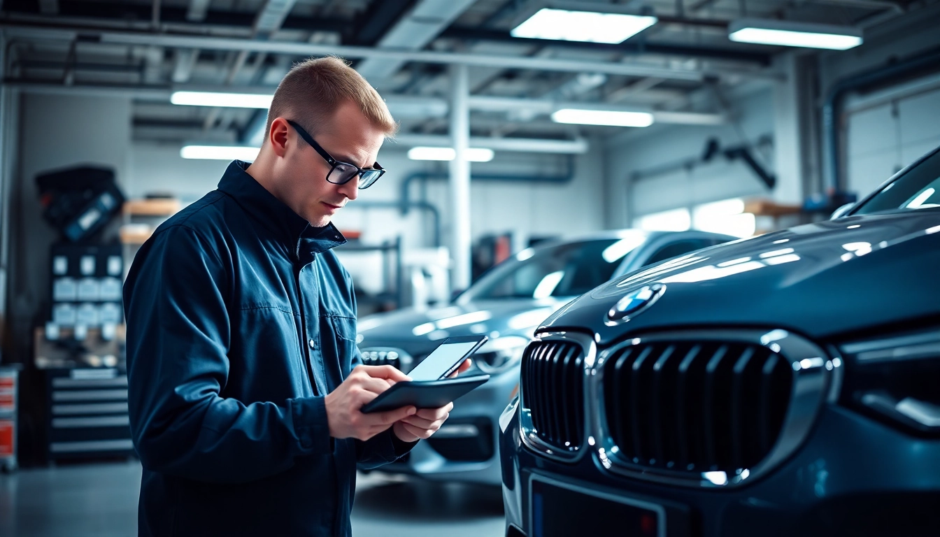 BMW Codierer arbeitet an modernem Fahrzeug in einem hochmodernen Werkstattumfeld.