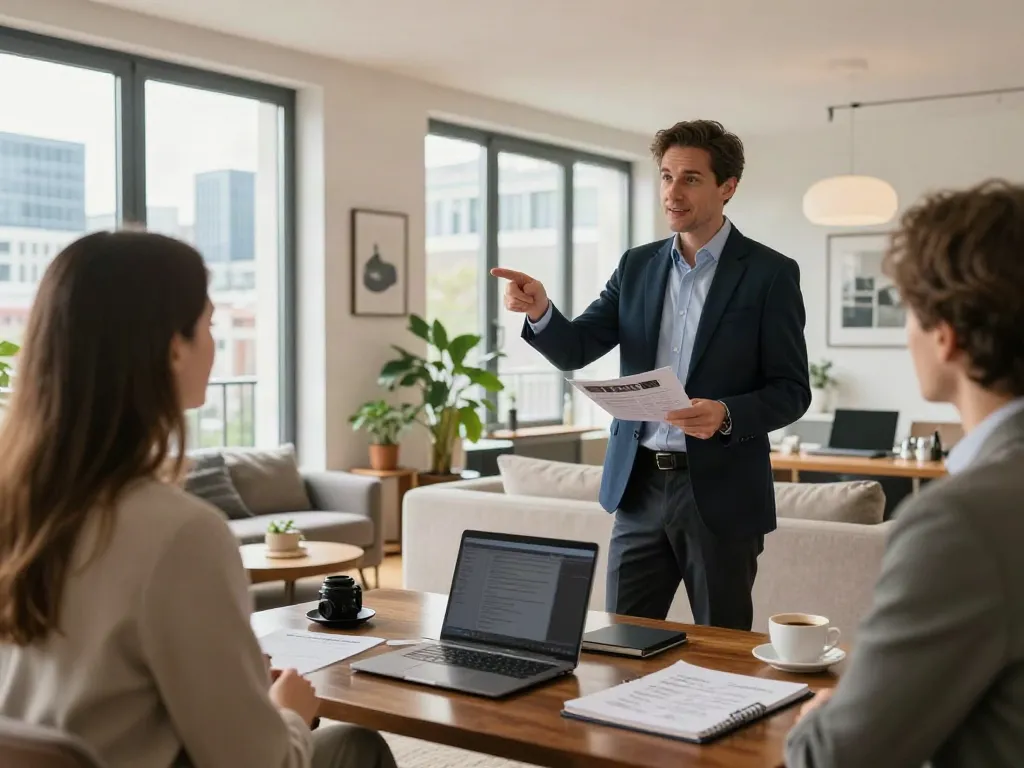Professioneller Immobilienmakler in Frankfurt präsentiert moderne Wohnung, bester Immobilienmakler Frankfurt bei Besichtigung.