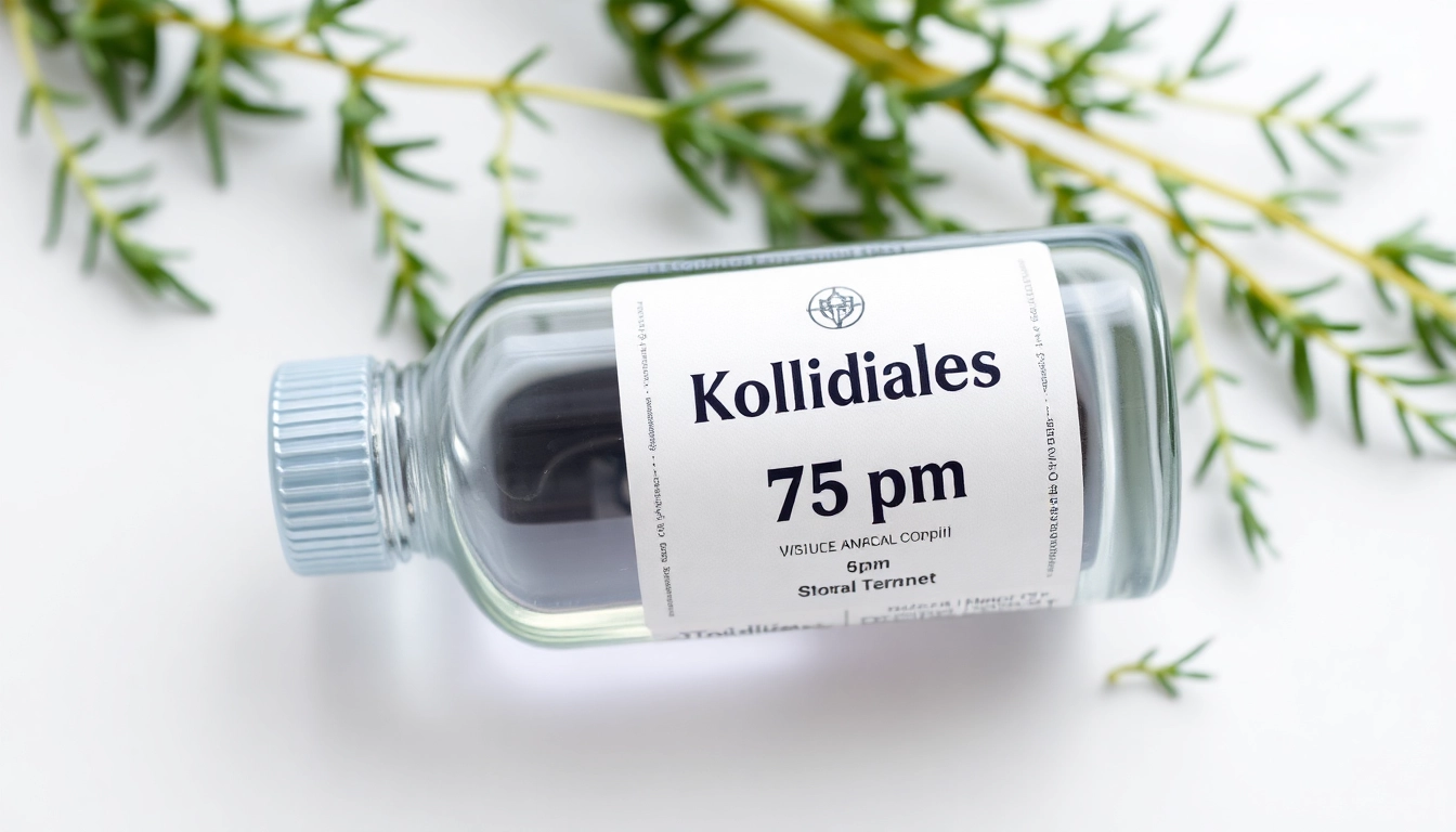 Kolloidales Silber 75 ppm in a glass bottle illuminated to showcase its purity and texture, surrounded by green herbs.