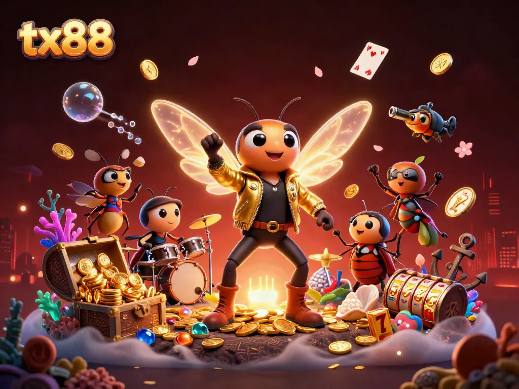 Experience thrilling tx88 gameplay with an electrifying rock star scene amidst riches and vibrant casino elements.