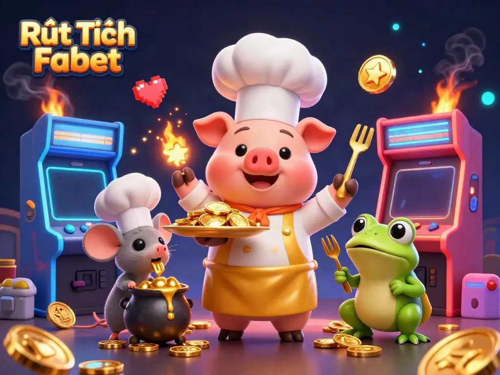 Experience Rút Tiền Fabet with exciting visual elements of chefs and gold coins in a lively casino atmosphere.