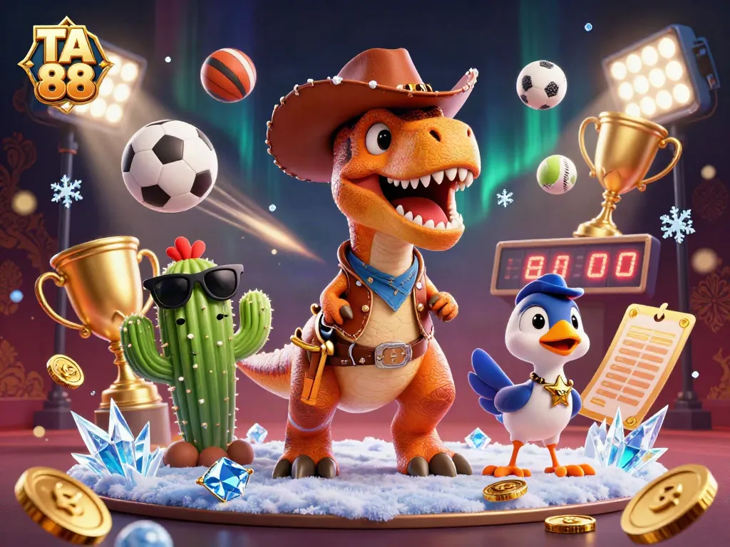 Experience thrilling sports betting at TA 88 with action-packed casino elements and vibrant characters.