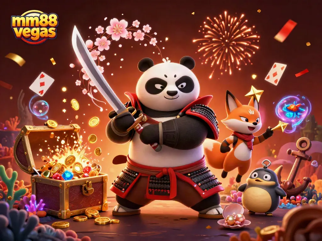 Engage with the vibrant mm88vegas world featuring a samurai panda, ninja fox, and magical tanuki in a dynamic casino scene.