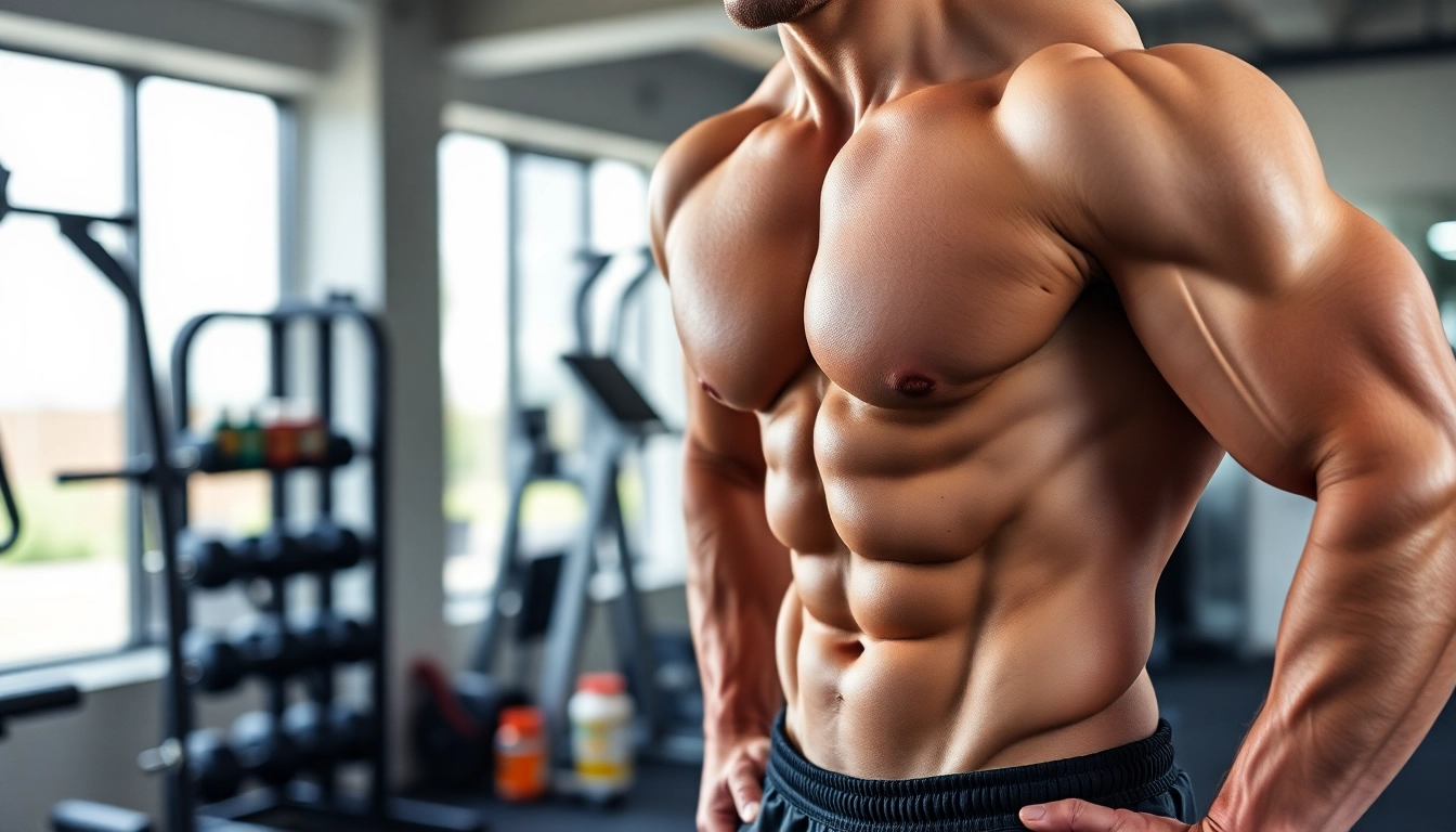 Ein muskulöser Bodybuilder mit Unique Pharma Steroids im Fitnessstudio.