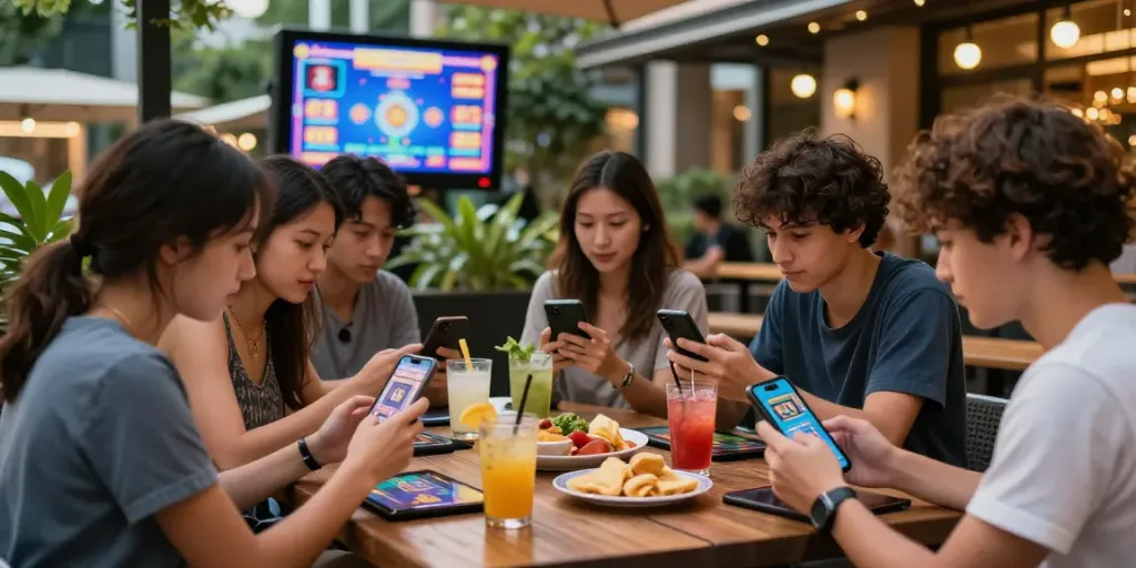 Die besten neuen mobilen Casinos werden in urbanem Café mit Freunden genossen.