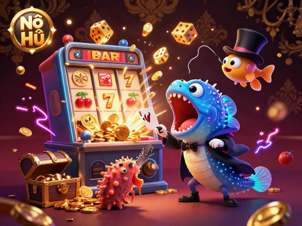 Nổ Hũ slots scene with a deep-sea eel magician, anglerfish spotlight, and gold coin explosion.