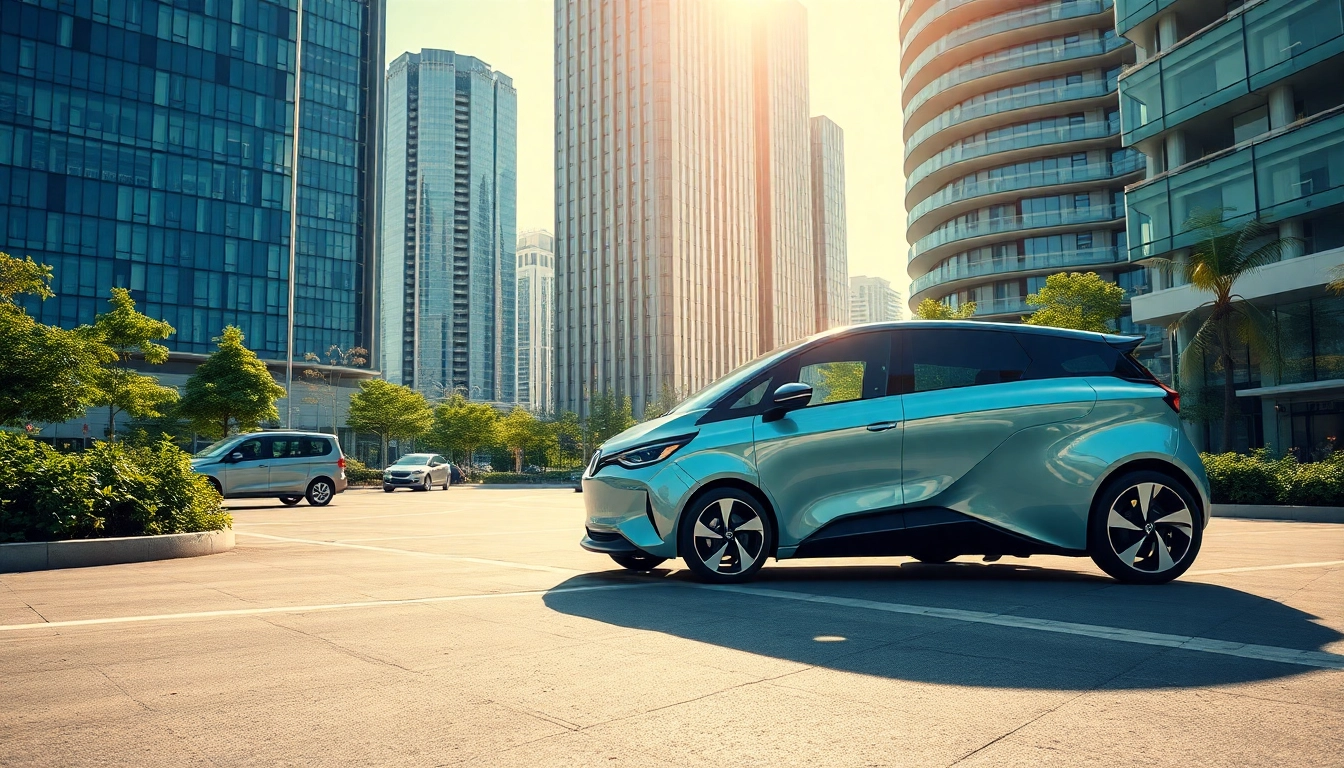 Elektroautos in einer futuristischen Stadt mit nachhaltigen Designs und urbaner Natur.